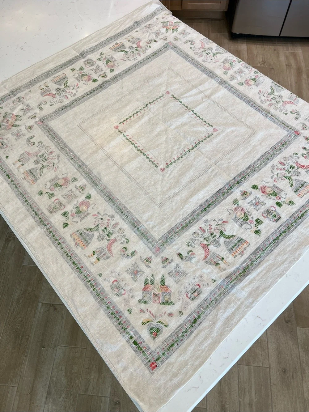 Vintage Pennsylvania Dutch Folk Art Card Tablecloth 48x48 Linen